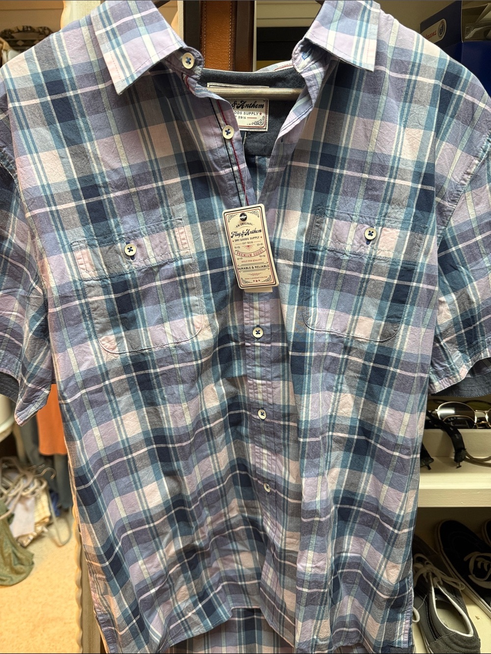 Men's Short-Sleeve Plaid Shirt in Blue and Light Purple
